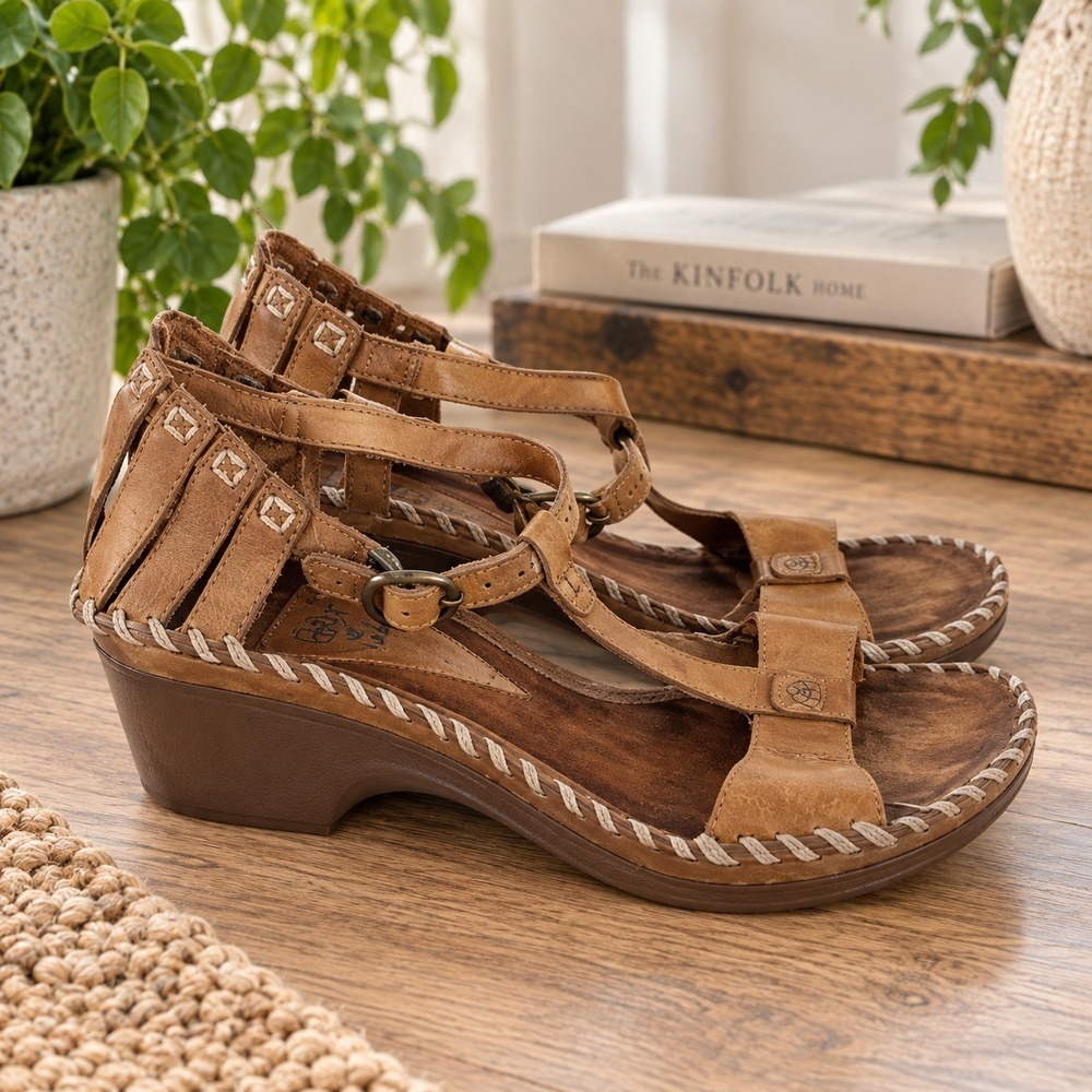 Ariat Shalimar Women's Brown Leather T Strap Wedge Open Toe Sandals Size 6B